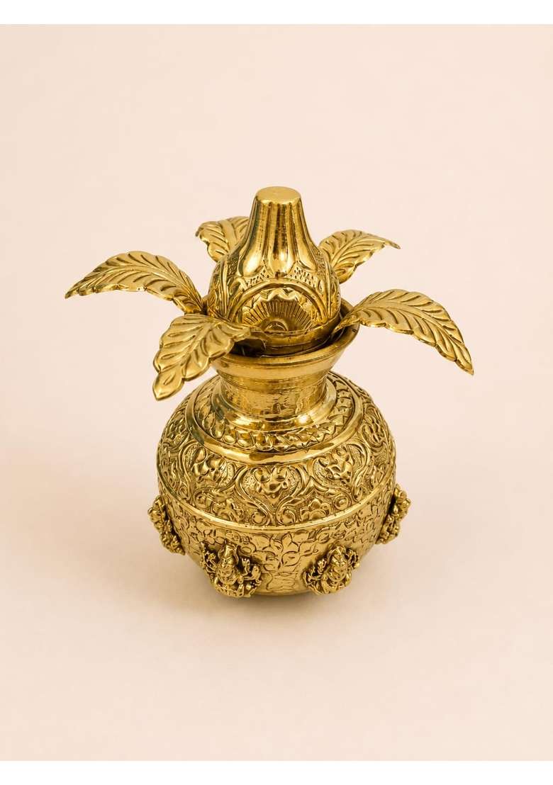 Golden Brass Ashta Lakshmi Kalash for Pooja Embossed Lakshmi Kalash with Mango Leaves Design - Indya