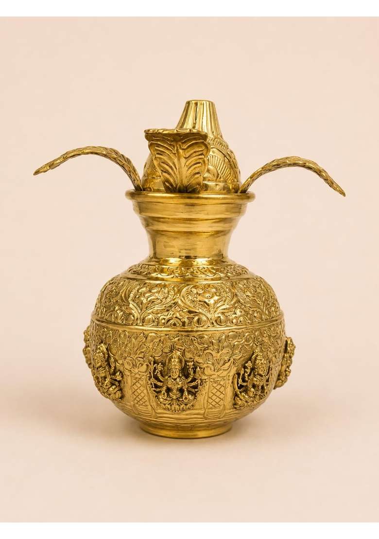 Golden Brass Ashta Lakshmi Kalash for Pooja Embossed Lakshmi Kalash with Mango Leaves Design - Indya