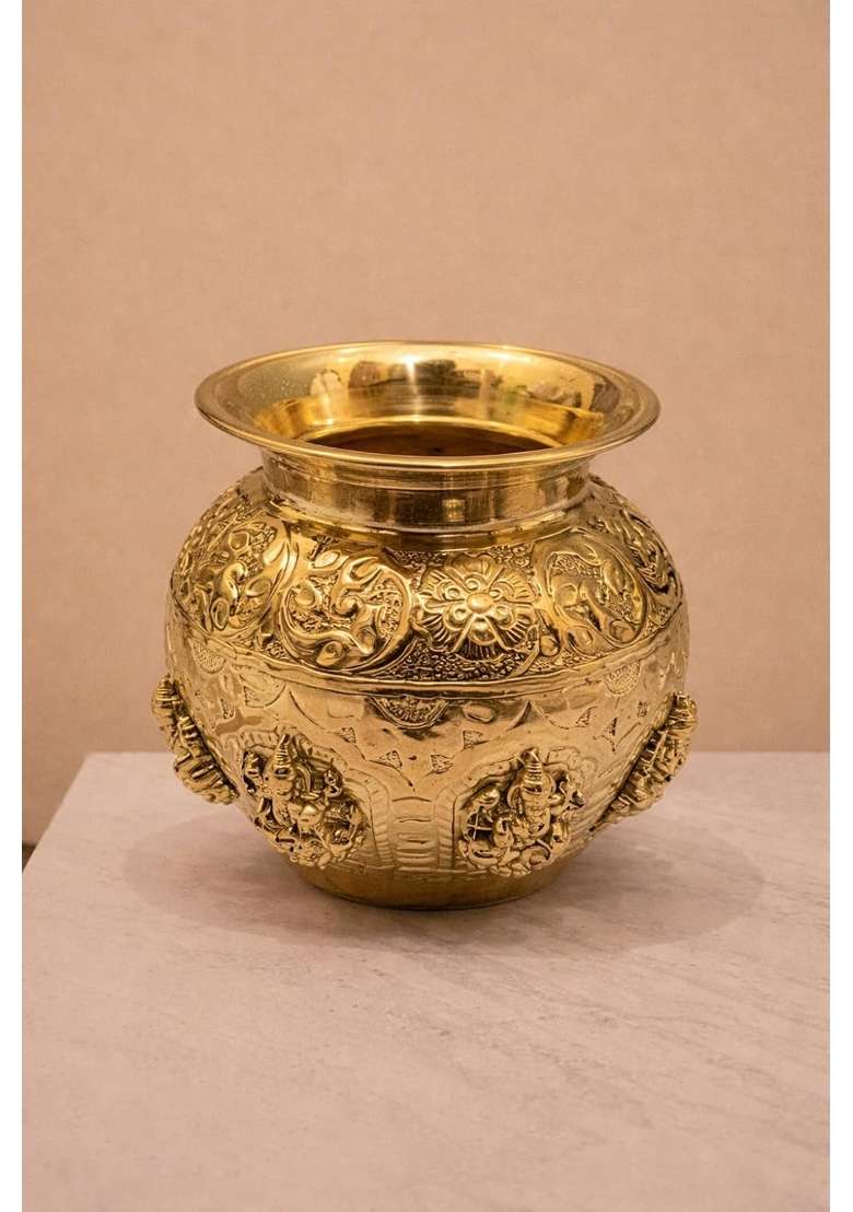 Golden Pure Brass Ashta Lakshmi Kalash for Pooja Decorative Temple Kalash - Indya