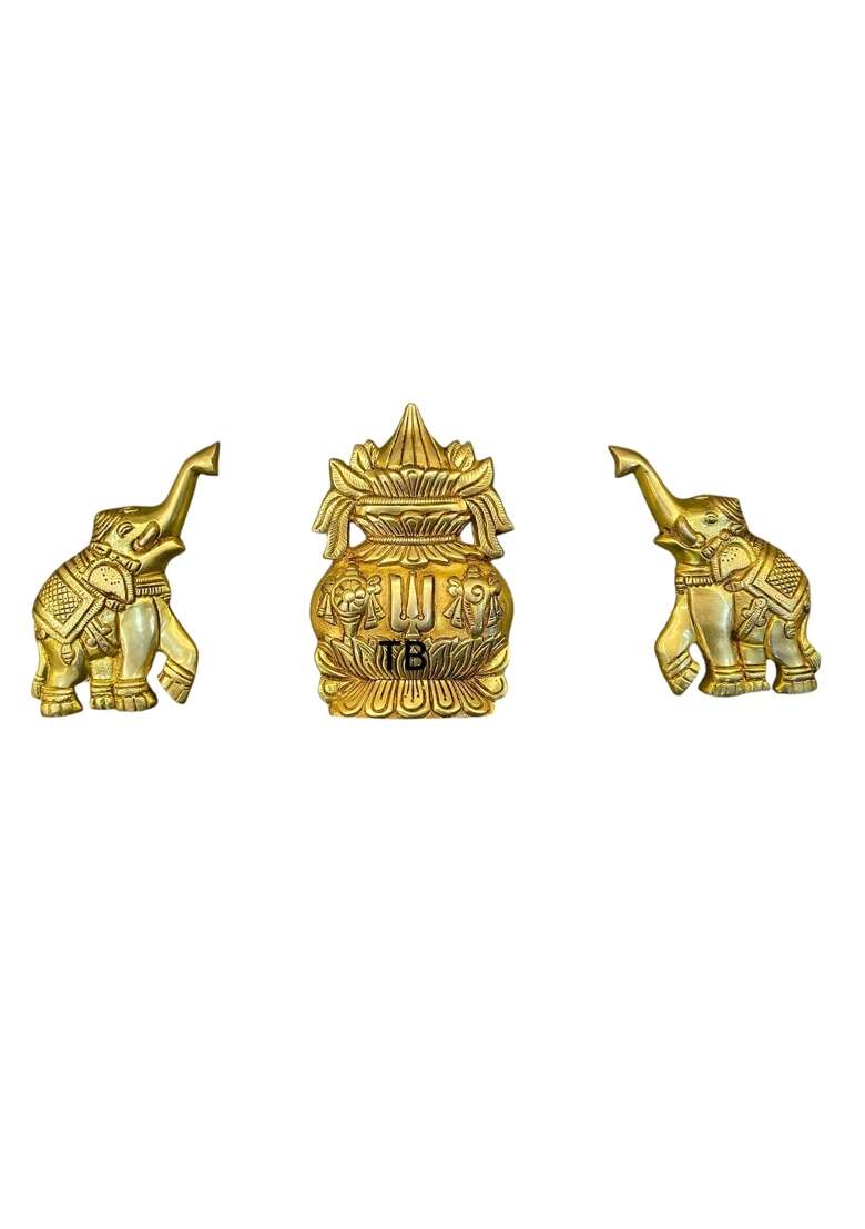 Yellow Two Brother Brass Elephant Kalash Set Wall Hanging - Indya