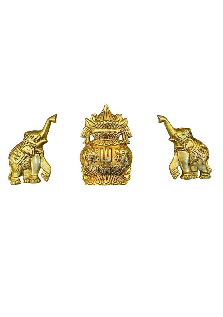 Yellow Two Brother Brass Elephant Kalash Set Wall Hanging - Indya
