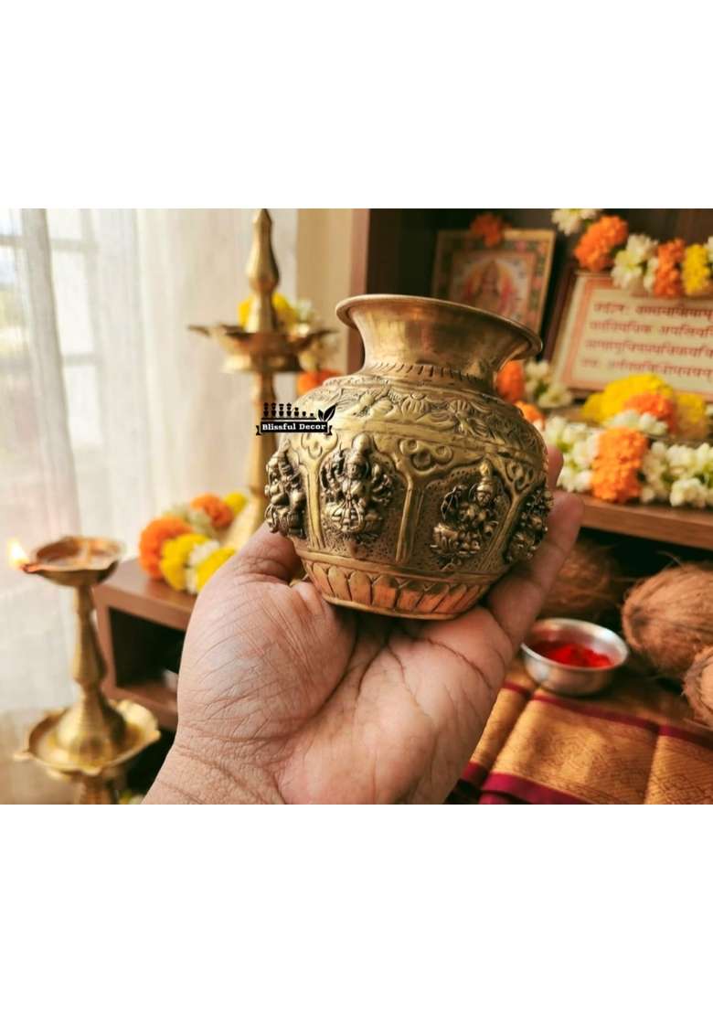 Blissful Decor Pure Brass Ashtalakshmi Kalash Sacred Pooja Lota with 8 Forms of Lakshmi for Varalakshmi Vratam - Indya