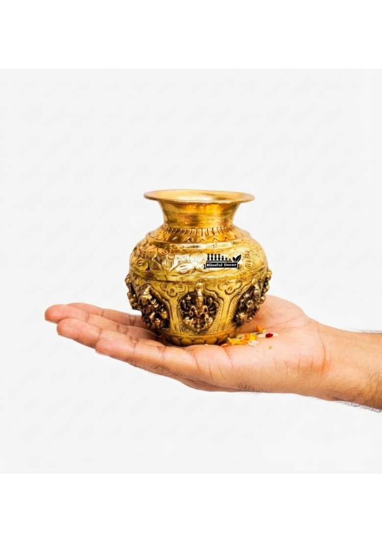 Blissful Decor Pure Brass Ashtalakshmi Kalash Sacred Pooja Lota with 8 Forms of Lakshmi for Varalakshmi Vratam - Indya