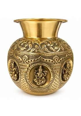 Decorglobe Gold Pure Brass Ashta Kalash for Pooja Antique Lakshmi Embossed Kalash