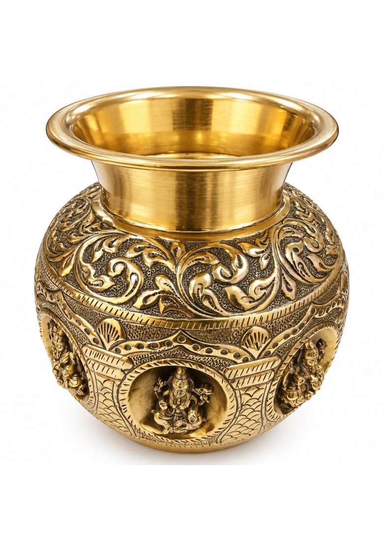 Decorglobe Gold Pure Brass Ashta Kalash for Pooja Antique Lakshmi Embossed Kalash - Indya