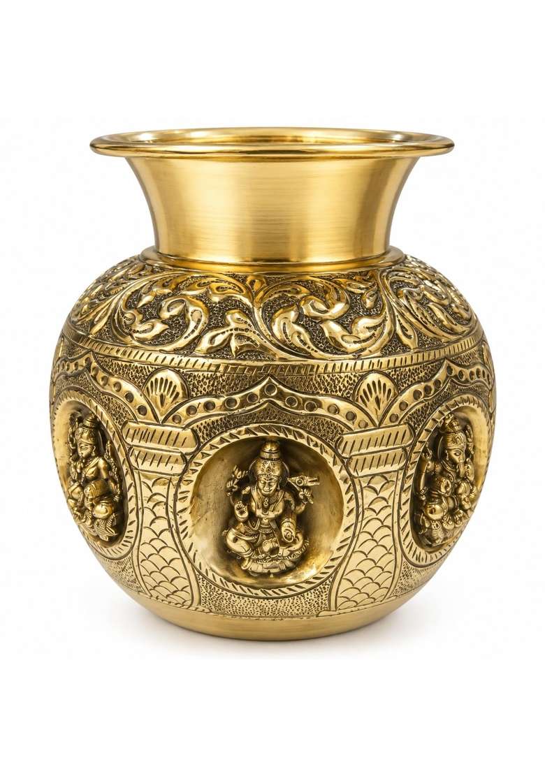 Decorglobe Gold Pure Brass Ashta Kalash for Pooja Antique Lakshmi Embossed Kalash - Indya