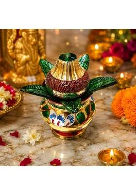 Pure Brass Mangal Kalash Set with Decorative Leaves Gold and Green for Hindu Pooja Ritual