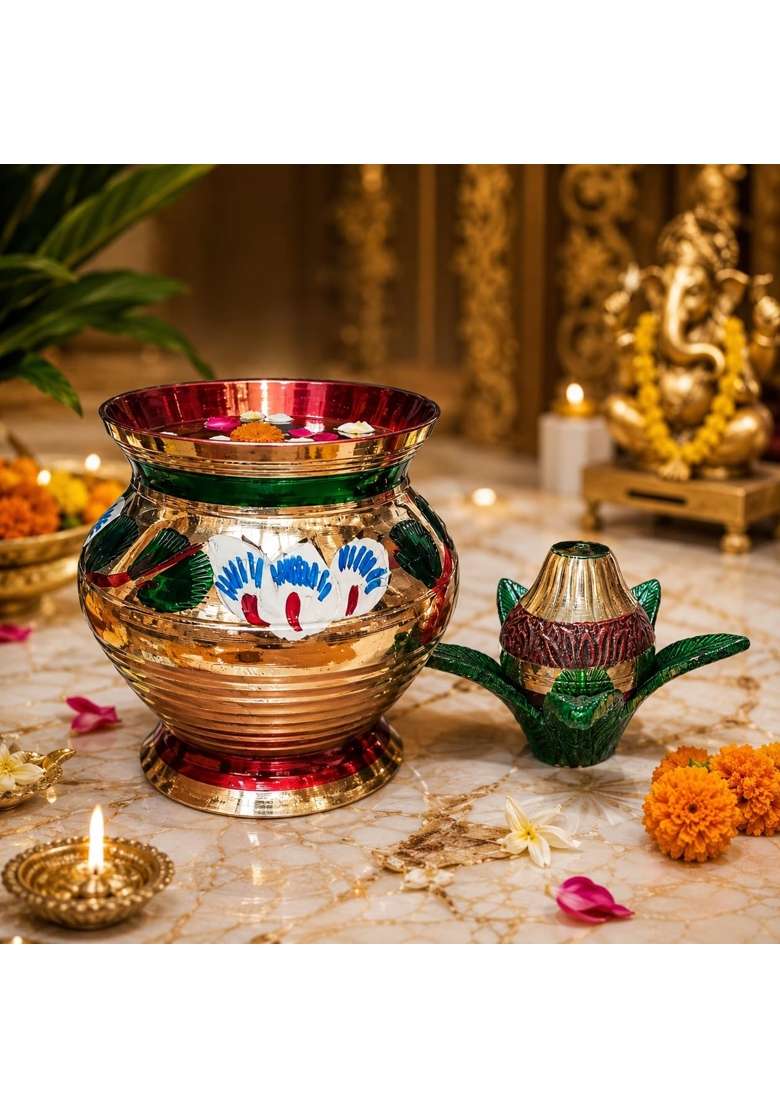 Pure Brass Mangal Kalash Set with Decorative Leaves Gold and Green for Hindu Pooja Ritual - Indya
