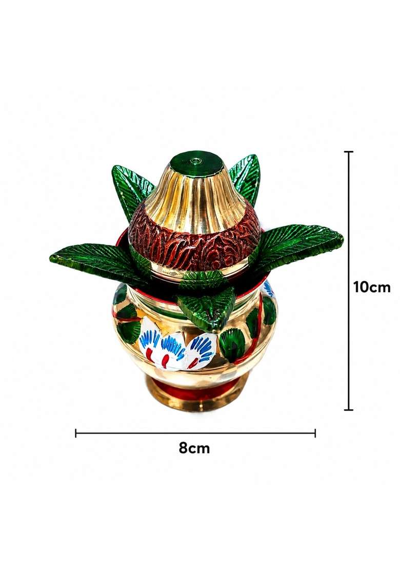 Pure Brass Mangal Kalash Set with Decorative Leaves Gold and Green for Hindu Pooja Ritual - Indya