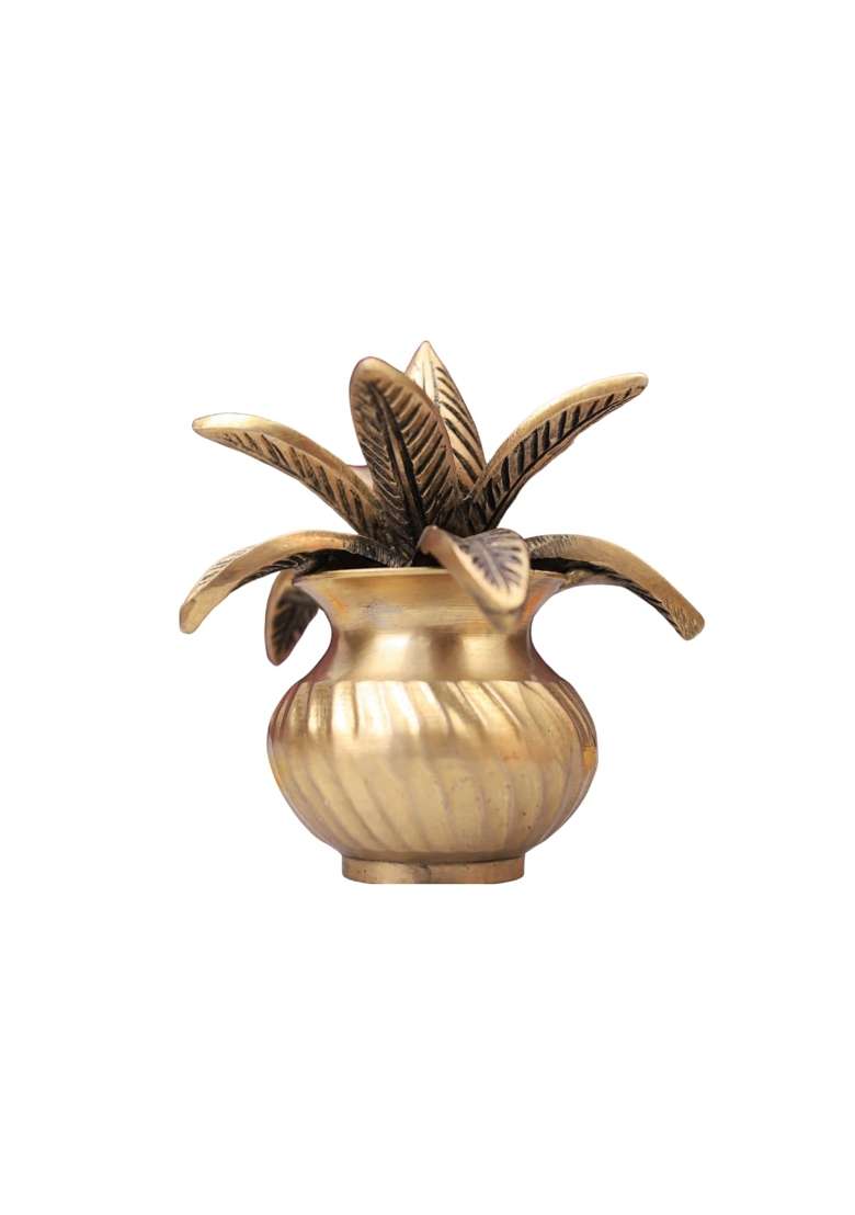 The Advitya Gold Brass Managal Kalash for Pooja Decoration Items Puja Lota with Nariyal and Mango Leaves - Indya