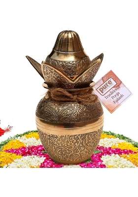 Pure Source Brass Kalash with Leafs and Coconut Showpiece Ideal for Pooja Weddings and Religious Ceremonies