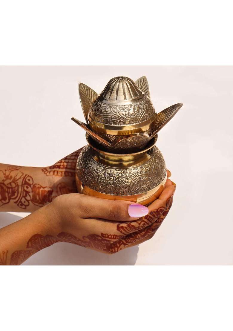 Pure Source Brass Kalash with Leafs and Coconut Showpiece Ideal for Pooja Weddings and Religious Ceremonies - Indya