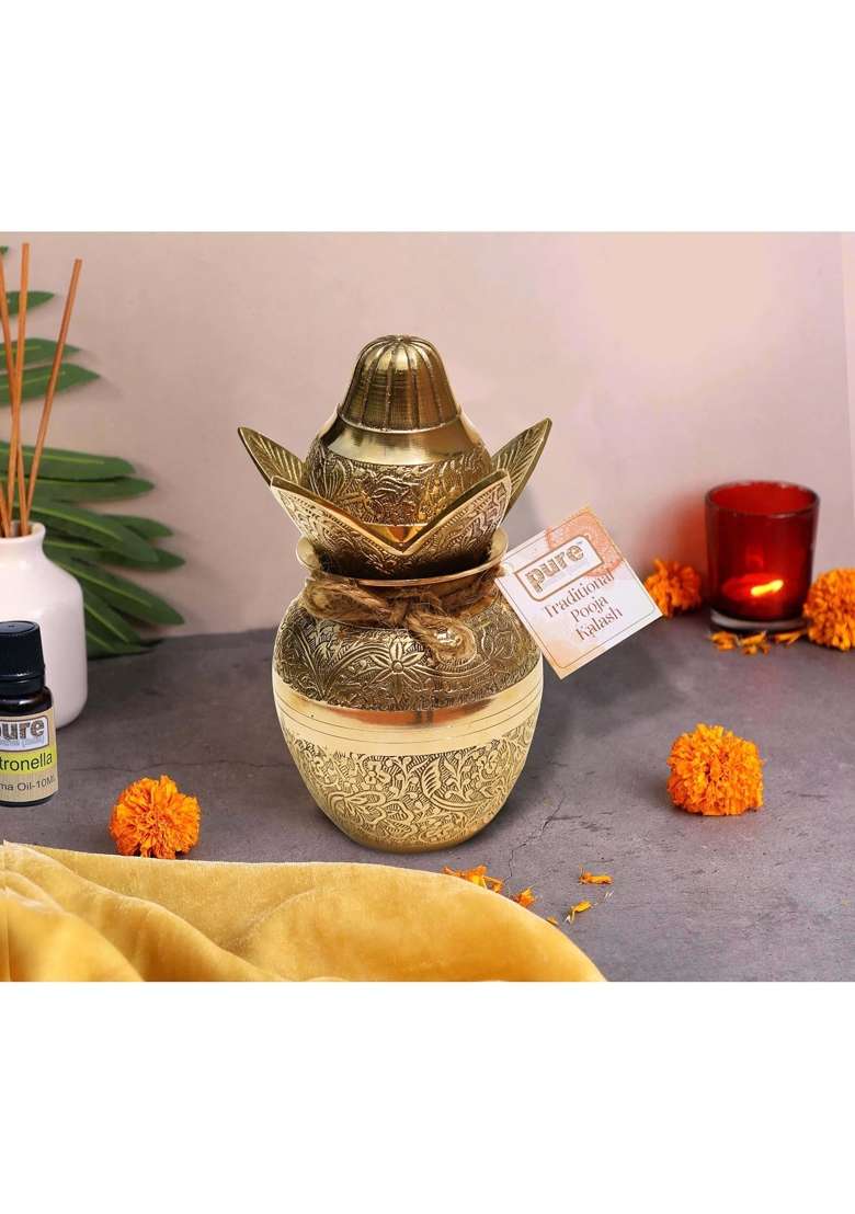 Pure Source Brass Kalash with Leafs and Coconut Showpiece Ideal for Pooja Weddings and Religious Ceremonies - Indya