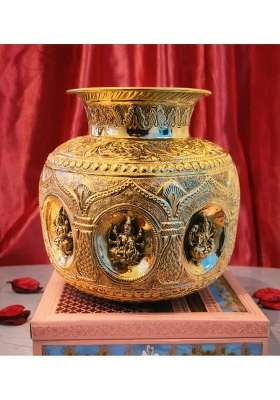 Golden Ashtalakshmi Brass Kalash Big Size Decorative Pooja Kalash with 8 Lakshmi Design