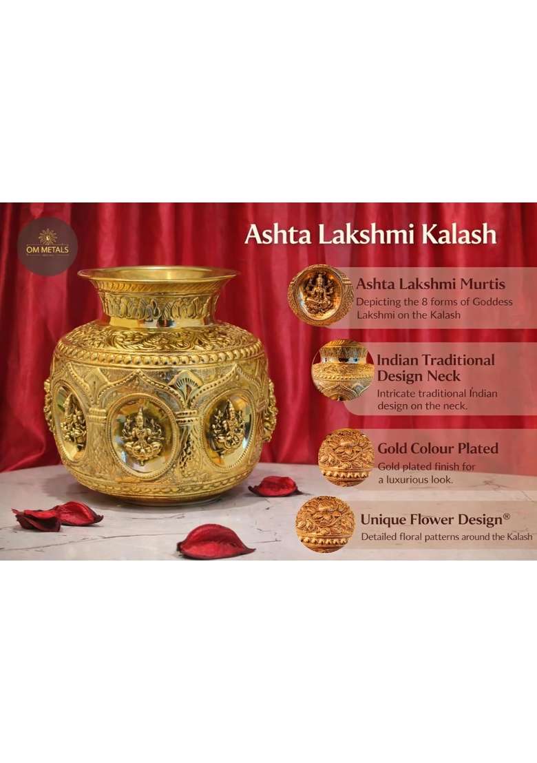 Golden Ashtalakshmi Brass Kalash Big Size Decorative Pooja Kalash with 8 Lakshmi Design - Indya