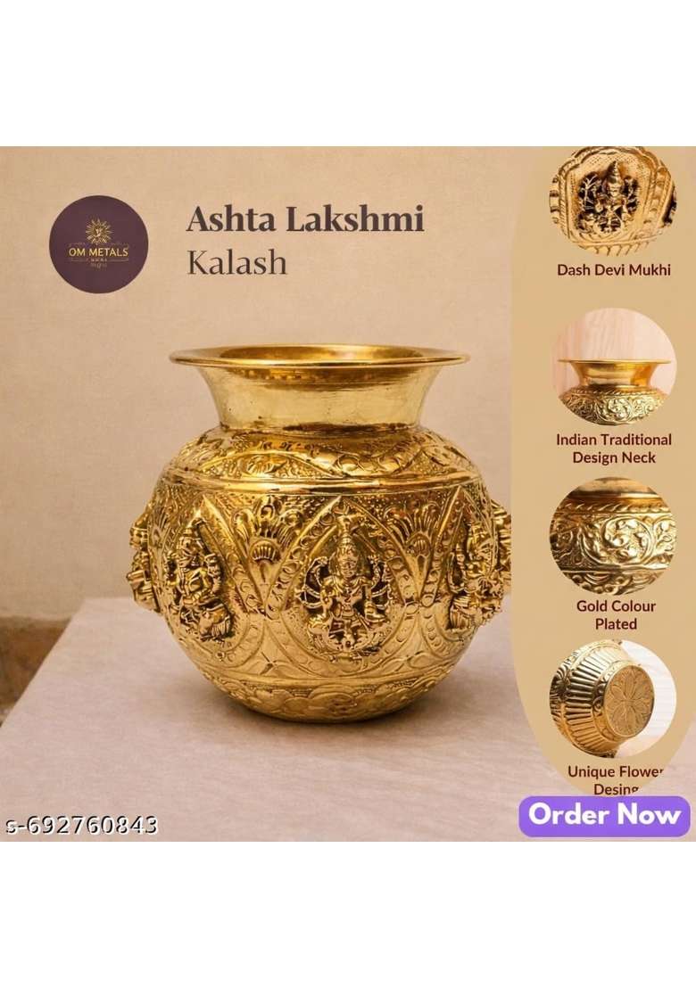 Golden Pure Brass Ashta Lakshmi Kalash 250 Gram Decorative Pooja Kalash for Home Temple - Indya