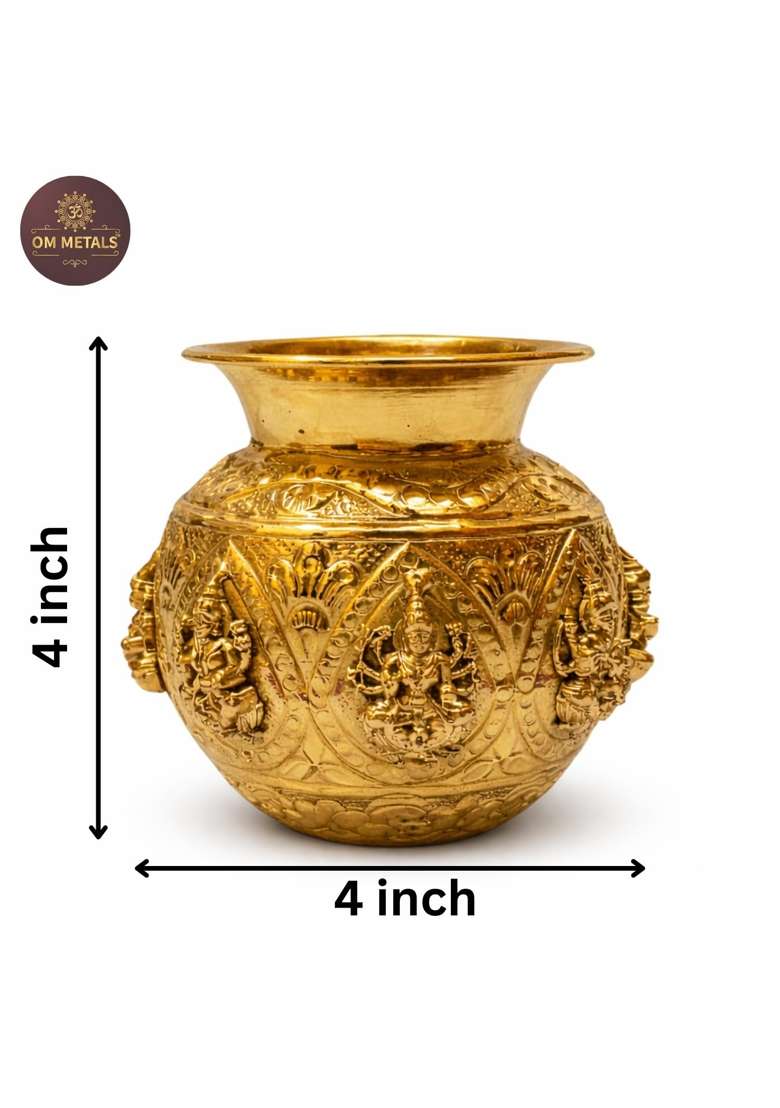 Golden Pure Brass Ashta Lakshmi Kalash 250 Gram Decorative Pooja Kalash for Home Temple - Indya
