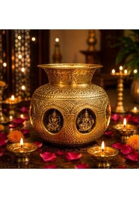 Ashopi Decor Yellow Premium Brass Ashtalakshmi Puja Kalash Traditional 8 Lakshmi Engraved Kalash for Mandir