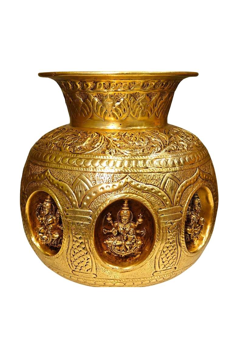 Ashopi Decor Yellow Premium Brass Ashtalakshmi Puja Kalash Traditional 8 Lakshmi Engraved Kalash for Mandir - Indya