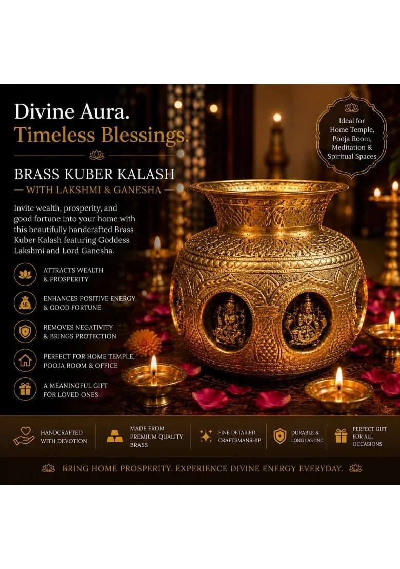 Ashopi Decor Yellow Premium Brass Ashtalakshmi Puja Kalash Traditional 8 Lakshmi Engraved Kalash for Mandir - Indya
