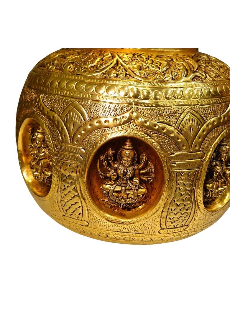 Ashopi Decor Yellow Premium Brass Ashtalakshmi Puja Kalash Traditional 8 Lakshmi Engraved Kalash for Mandir - Indya