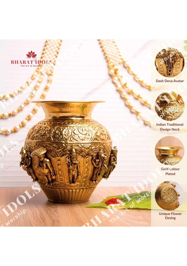 Bharat Idols 100 Percent Brass Gold Plated Dashavatara Narayan Vishnu Kalash - Indya