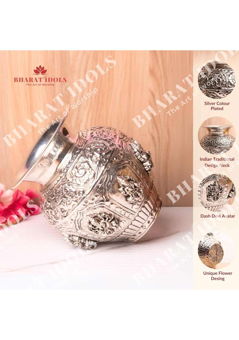 Bharat Idols 100 Percent Brass Silver Plated Ashta Lakshmi Kalash - Indya