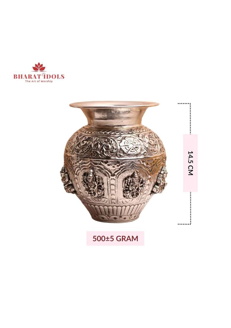 Bharat Idols 100 Percent Brass Silver Plated Ashta Lakshmi Kalash - Indya