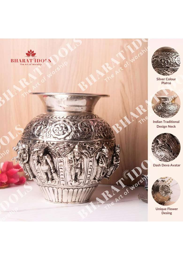 Bharat Idols 100 Percent Brass Silver Plated Dashavatara Narayan Vishnu Kalash - Indya