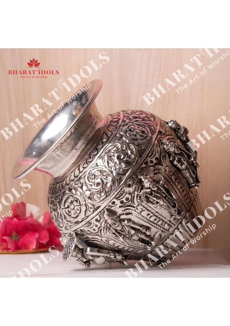 Bharat Idols 100 Percent Brass Silver Plated Dashavatara Narayan Vishnu Kalash - Indya