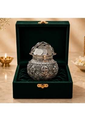 Dev Aastha Silver Plated Kalash Khazana 4 and Half Inch Auspicious Akshaya Patra for Wealth and Prosperity