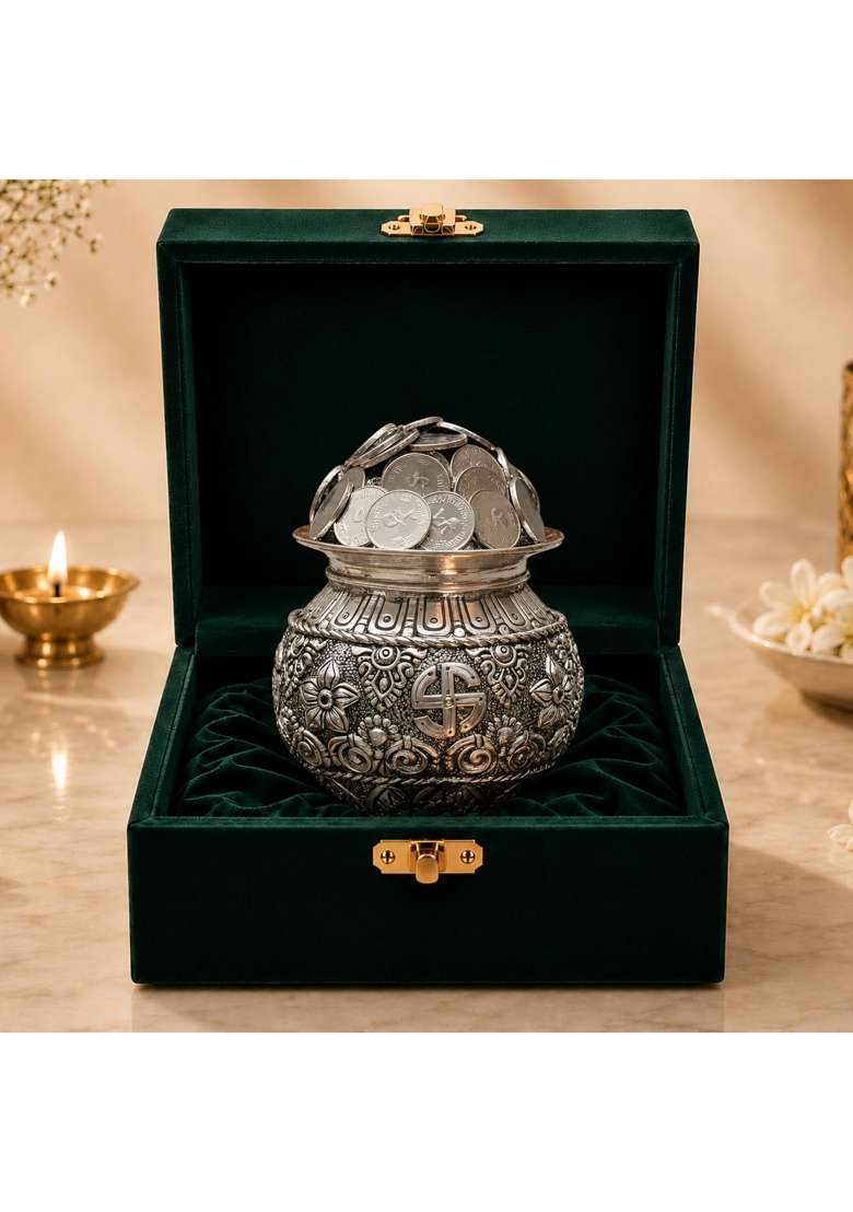 Dev Aastha Silver Plated Kalash Khazana 4 and Half Inch Auspicious Akshaya Patra for Wealth and Prosperity - Indya