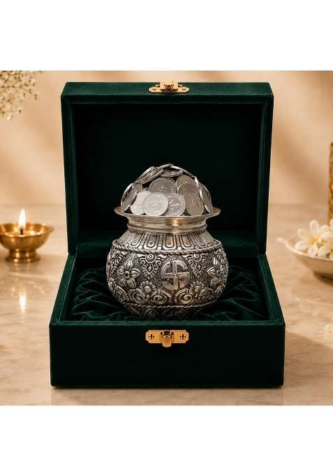 Dev Aastha Silver Plated Kalash Khazana 4 and Half Inch Auspicious Akshaya Patra for Wealth and Prosperity