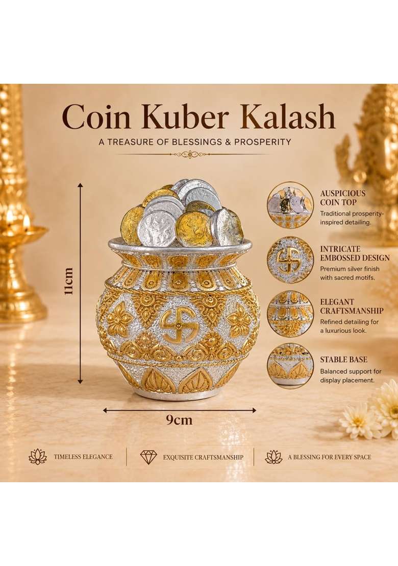 Diviniti Coin Kuber Kalash Silver and Gold Tone Decorative Kalash with Coins for Home Office and Pooja Mandir - Indya