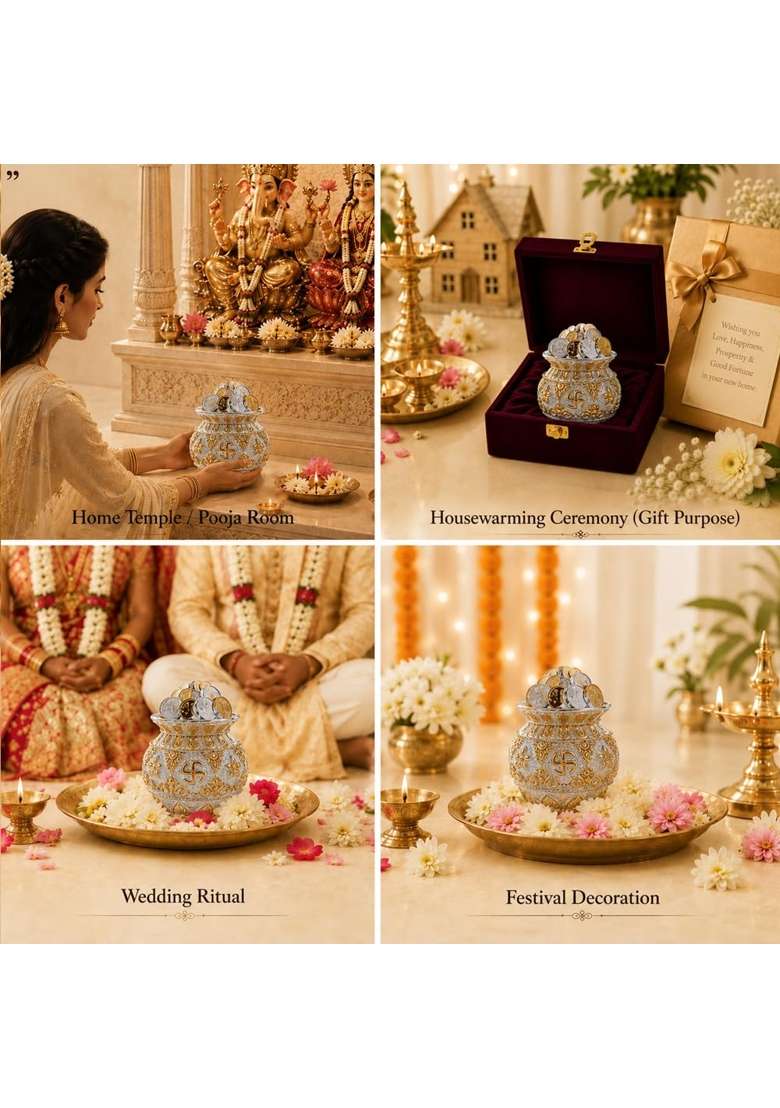 Diviniti Coin Kuber Kalash Silver and Gold Tone Decorative Kalash with Coins for Home Office and Pooja Mandir - Indya
