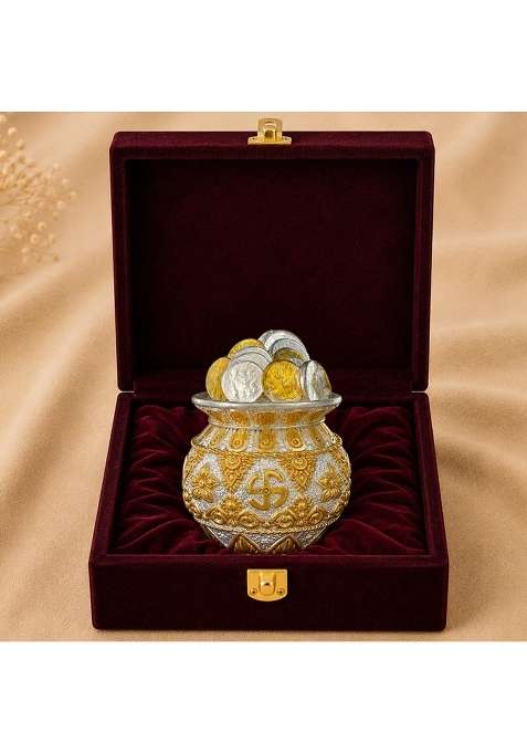 Diviniti Coin Kuber Kalash Silver and Gold Tone Decorative Kalash with Coins for Home Office and Pooja Mandir