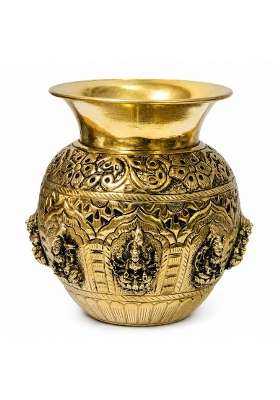 Gold Handcrafted 100 Percent Pure Brass Ashtalakshmi Kalash Premium Indian Craftsmanship