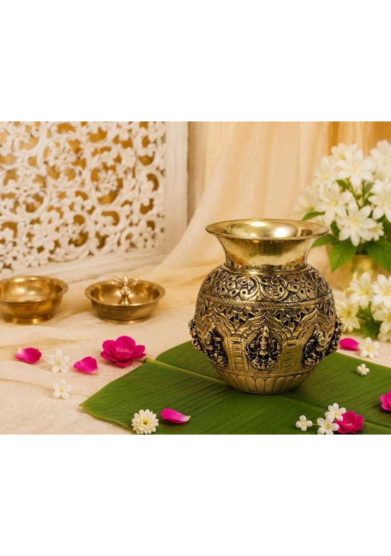 Gold Handcrafted 100 Percent Pure Brass Ashtalakshmi Kalash Premium Indian Craftsmanship - Indya