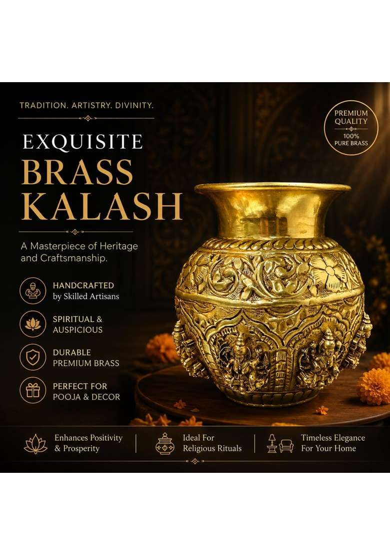 Ashopi Decor Yellow Premium 100 Percent Brass Ashtalakshmi Kalash Decorative Puja Kalash for Lakshmi Pooja - Indya