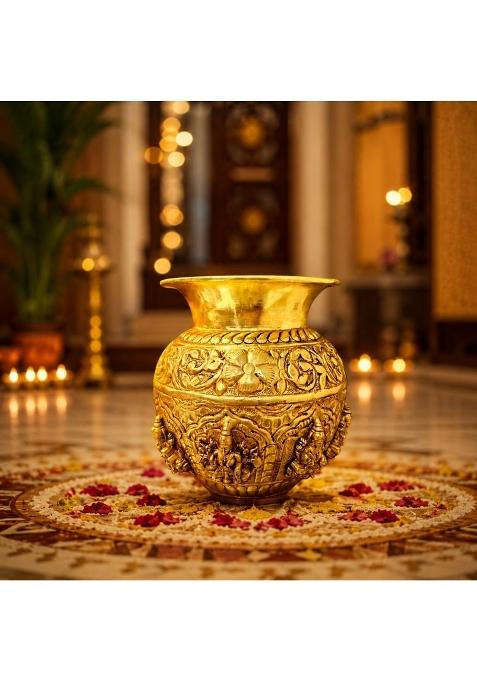 Ashopi Decor Yellow Premium 100 Percent Brass Ashtalakshmi Kalash Decorative Puja Kalash for Lakshmi Pooja