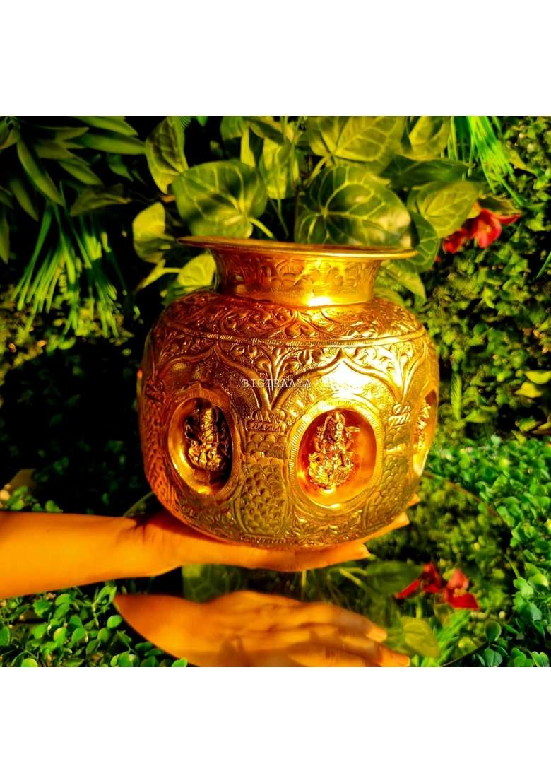 Bigiraaya 100 Percent Pure Brass Ashtalakshmi Kalash Sacred Pooja Lota with 8 Forms of Laxmi for Diwali - Indya