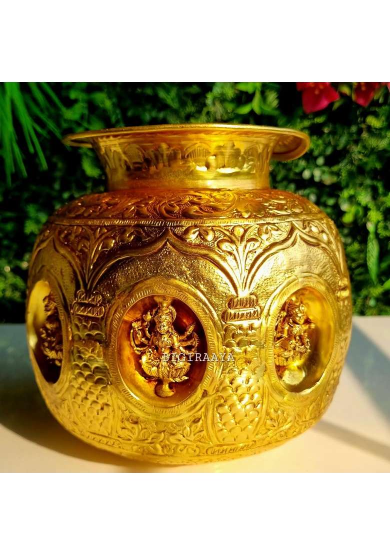 Bigiraaya 100 Percent Pure Brass Ashtalakshmi Kalash Sacred Pooja Lota with 8 Forms of Laxmi for Diwali - Indya
