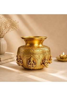 Ashopi Decor Yellow Ashtalakshmi Brass Kalash Designer Brass Kalash for Home Temple and Mandir