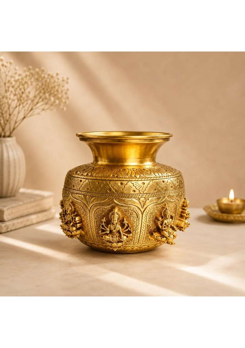 Ashopi Decor Yellow Ashtalakshmi Brass Kalash Designer Brass Kalash for Home Temple and Mandir - Indya