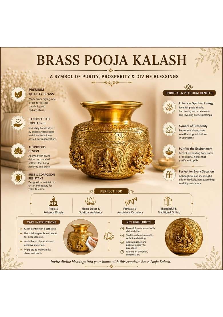 Ashopi Decor Yellow Ashtalakshmi Brass Kalash Designer Brass Kalash for Home Temple and Mandir - Indya