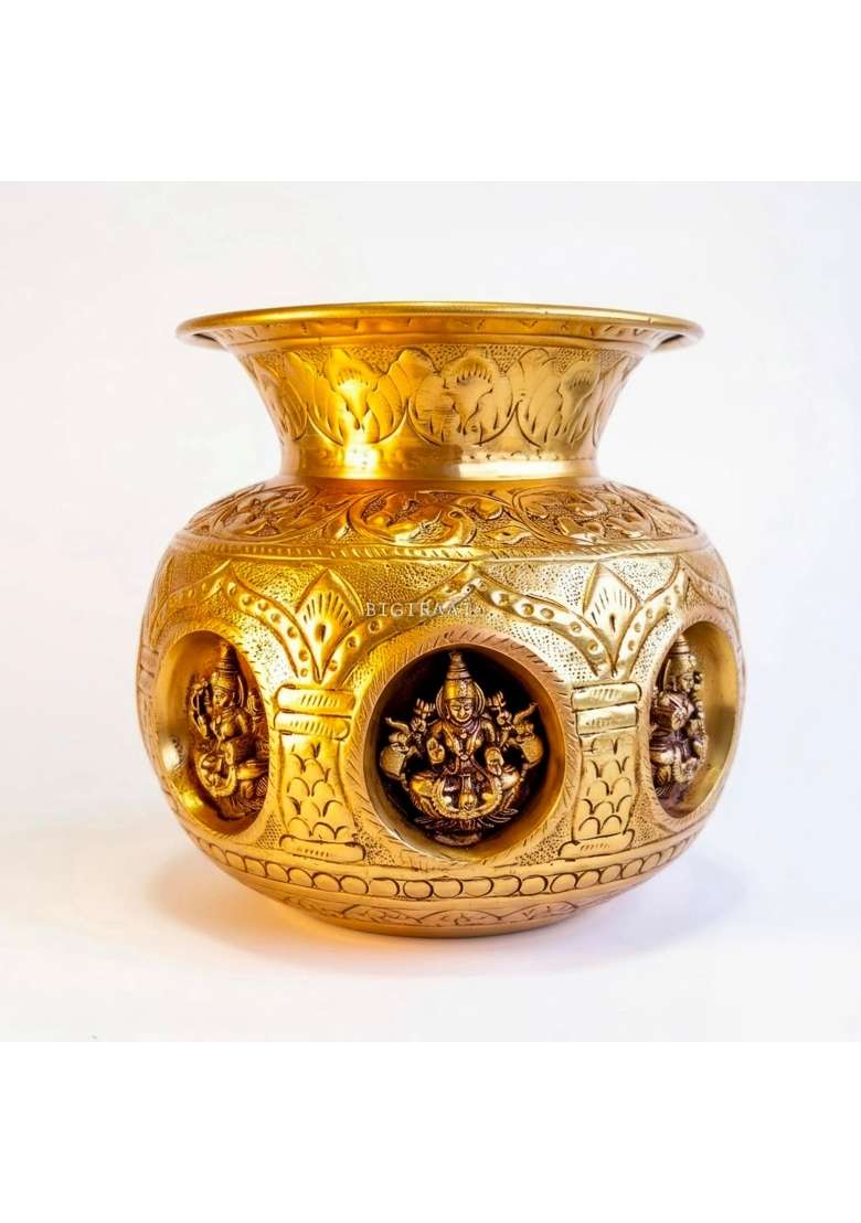Bigiraaya 100 Percent Pure Brass Ashtalakshmi Kalash Sacred Pooja Lota with 8 Forms of Lakshmi for Varalakshmi - Indya