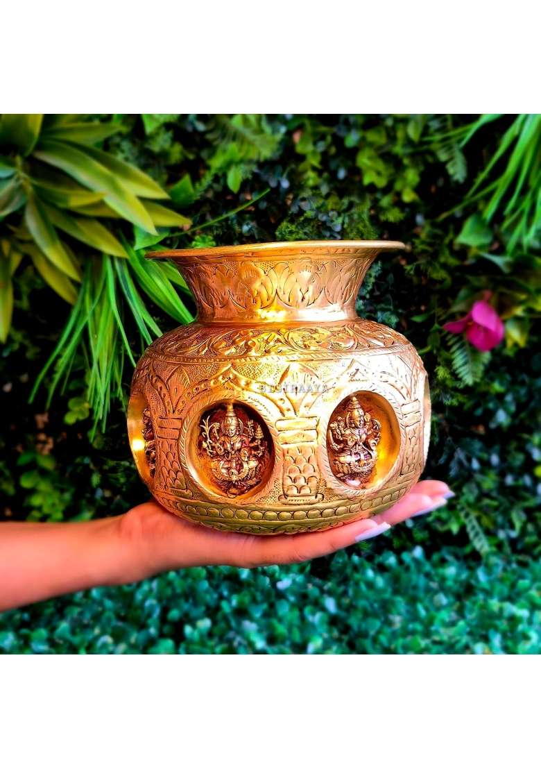 Bigiraaya 100 Percent Pure Brass Ashtalakshmi Kalash Sacred Pooja Lota with 8 Forms of Lakshmi for Varalakshmi - Indya