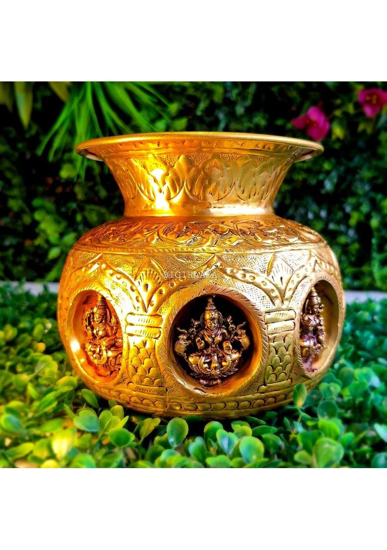 Bigiraaya 100 Percent Pure Brass Ashtalakshmi Kalash Sacred Pooja Lota with 8 Forms of Lakshmi for Varalakshmi - Indya