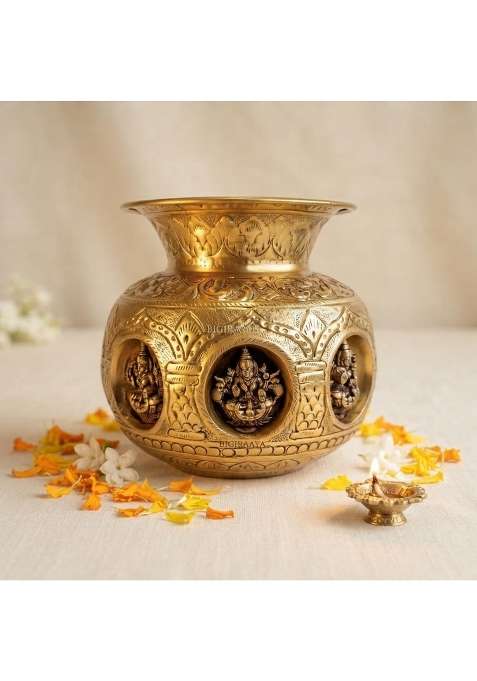 Bigiraaya 100 Percent Pure Brass Ashtalakshmi Kalash Sacred Pooja Lota with 8 Forms of Lakshmi for Varalakshmi