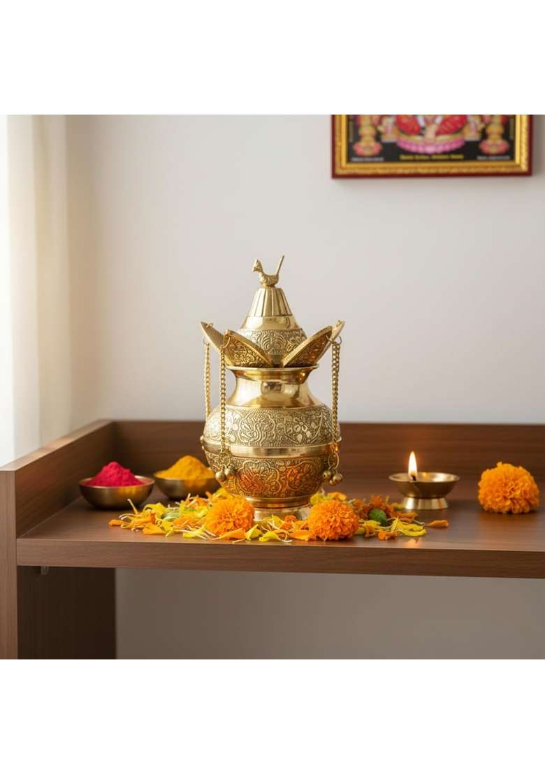 Putrika Gold Brass Mangal Kalash Lota with Coconut Showpiece - Indya